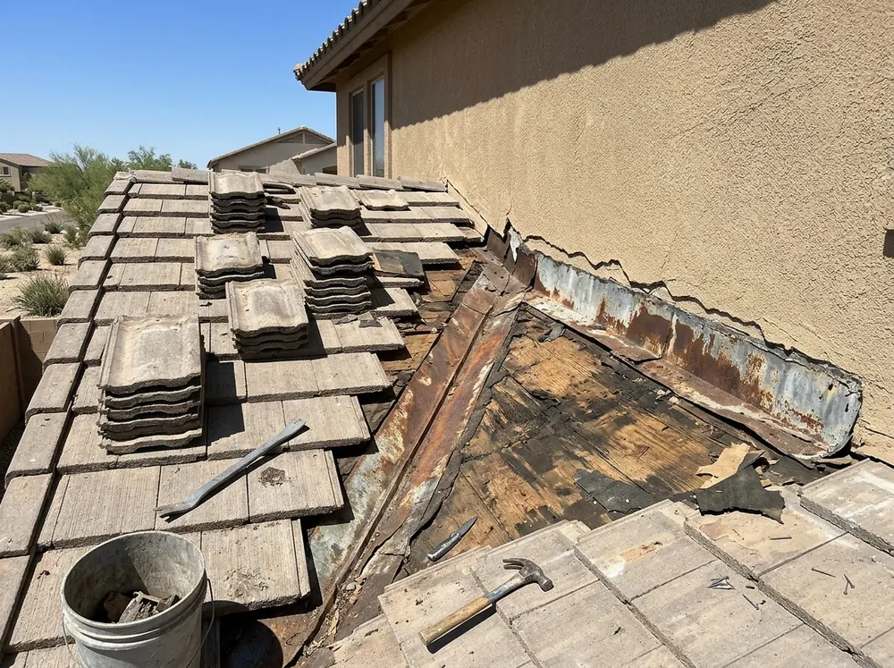 Open tile roof valley showing rusted metal valley flashing and stained underlayment beside a stucco wall