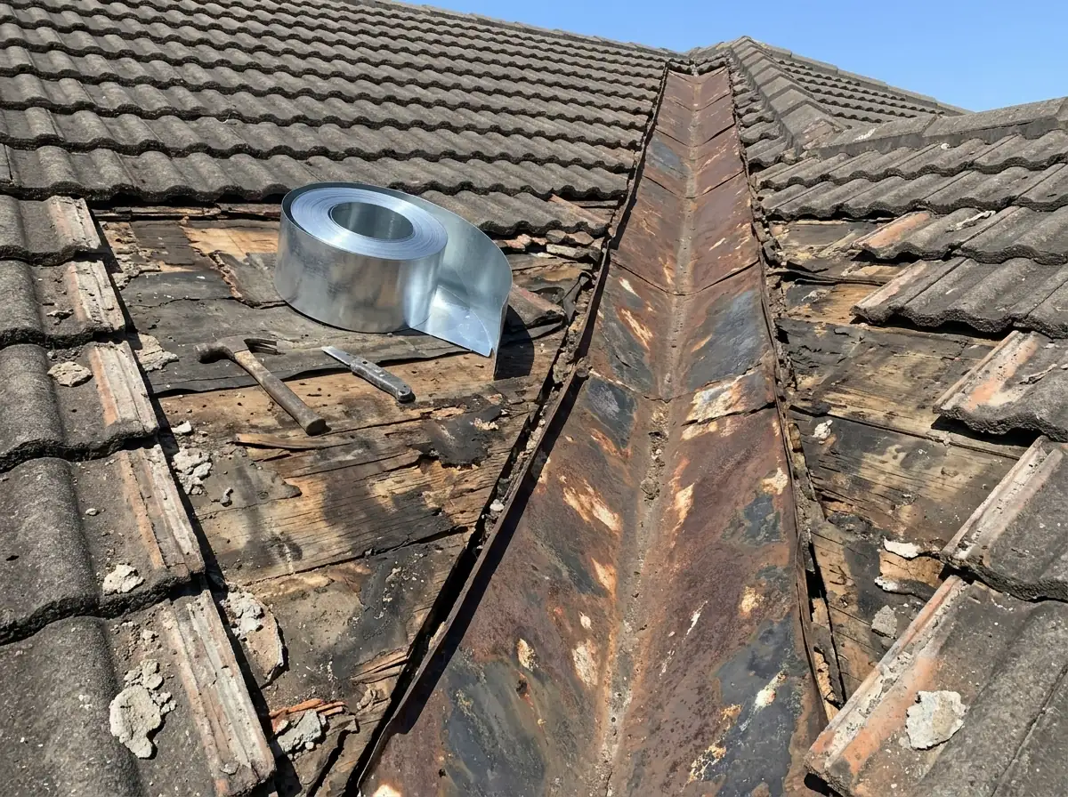 Tile roof valley opened up to show rusted valley metal and stained underlayment
