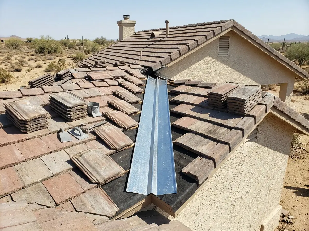 Tile roof valley opened up to show a new galvanized W-valley metal with a raised center rib