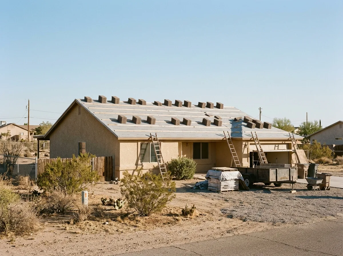Stacks of new concrete roof tiles spread across battens on a freshly underlaid stucco home roof