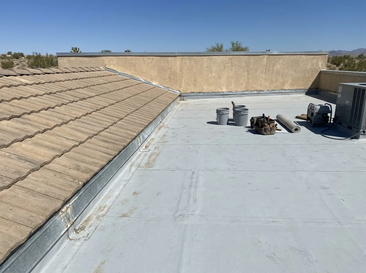 Junction where a sloped concrete tile section meets a flat membrane roof and a stucco parapet with metal coping