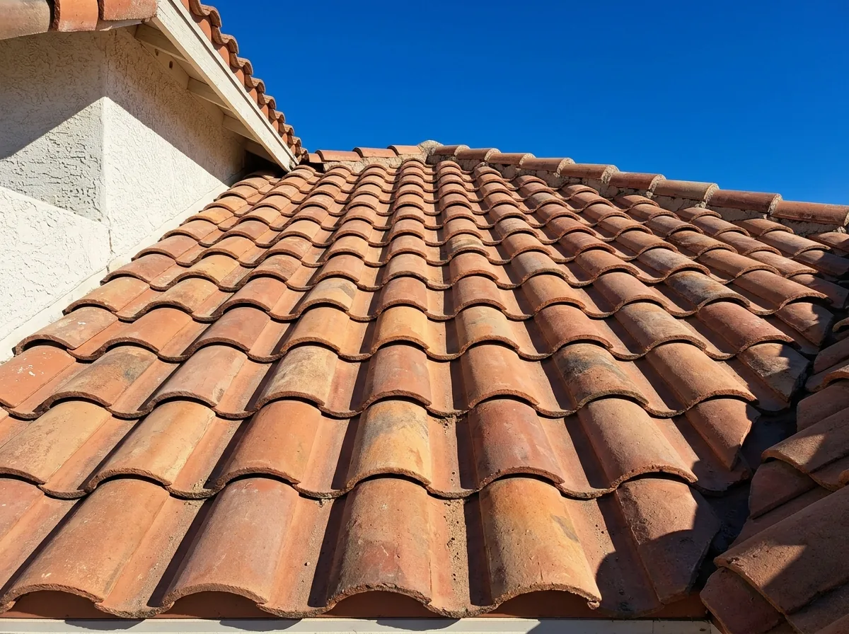 Two-piece clay barrel tile roof with half-round covers over channel pans on a white stucco house