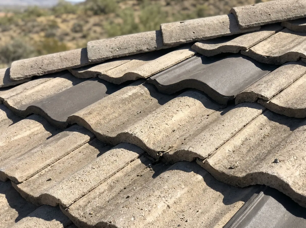 Close view of weathered concrete roof tiles with lightened, sandy surfaces next to darker newer tiles