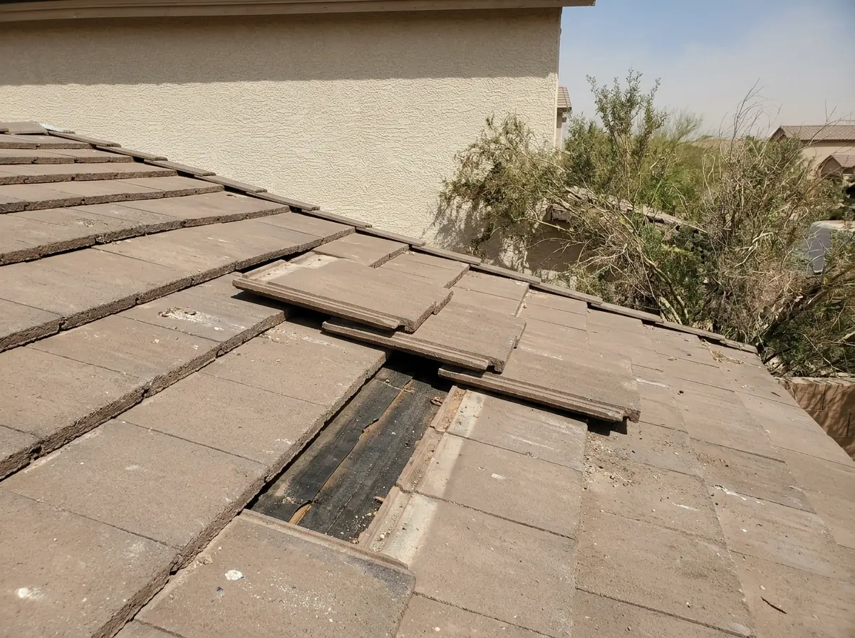 Concrete S-tiles shifted out of line on a roof slope after a windstorm, exposing a strip of underlayment
