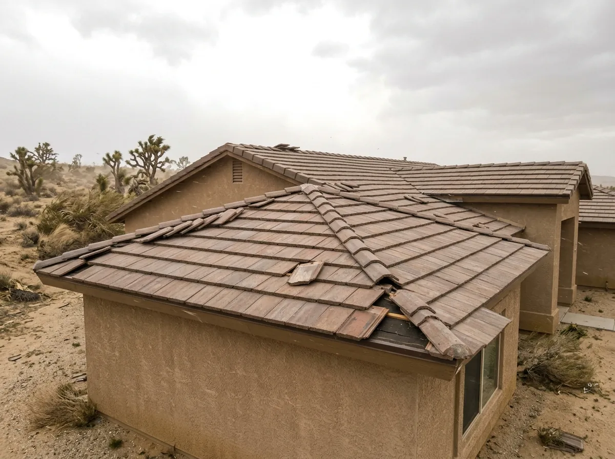 Wind-lifted and broken concrete tiles along a roof rake edge after a windstorm